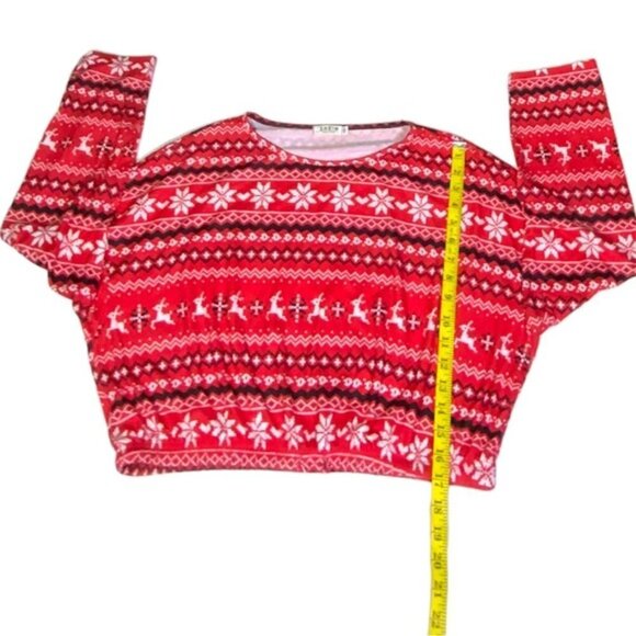 Christmas Crop Top Holiday Tee Blouse Shirt Long Sleeve Stretchy Red White 1XL - Picture 2 of 16